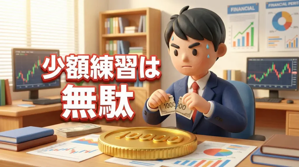 1000通貨の少額練習を否定し、DMM FXの1万通貨での本気の練習を推奨するトレーダーのイラスト