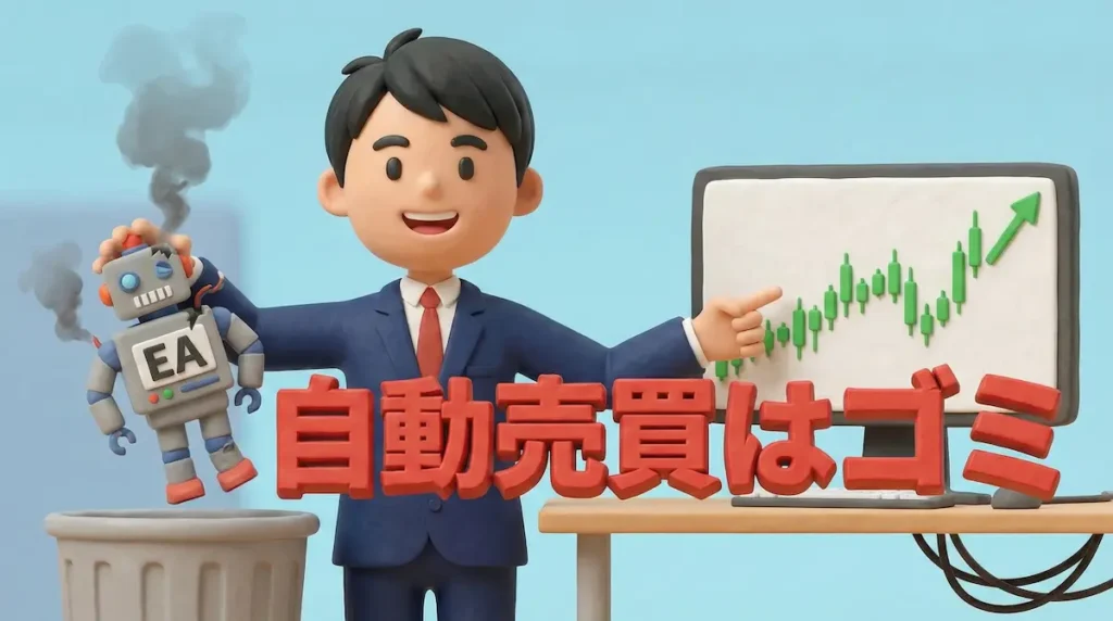 壊れたFX自動売買ツール（EA）のロボットをゴミ箱に捨てて、裁量トレードのチャートを指差すトレーダーのイラスト