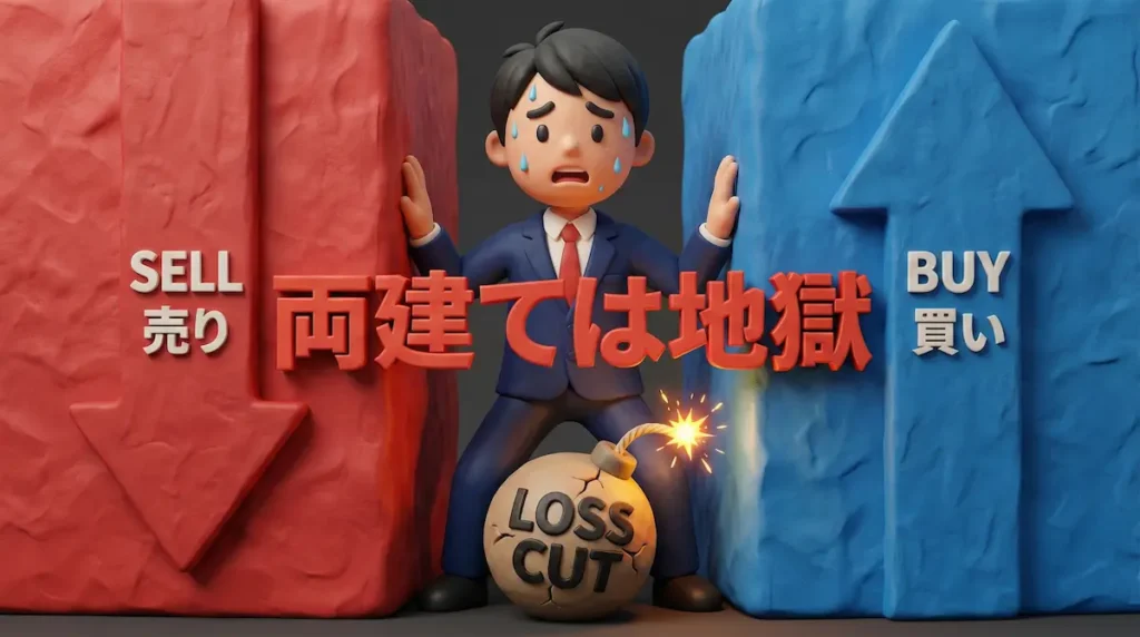 買いと売りの両建てポジションに挟まれて身動きが取れず、ロスカットの爆弾に怯えるトレーダーのイラスト