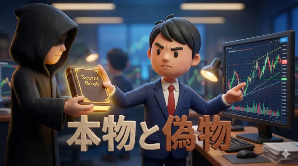 怪しい詐欺師から「秘伝の書」を勧められて拒否するトレーダーゆたまるの3Dイラスト