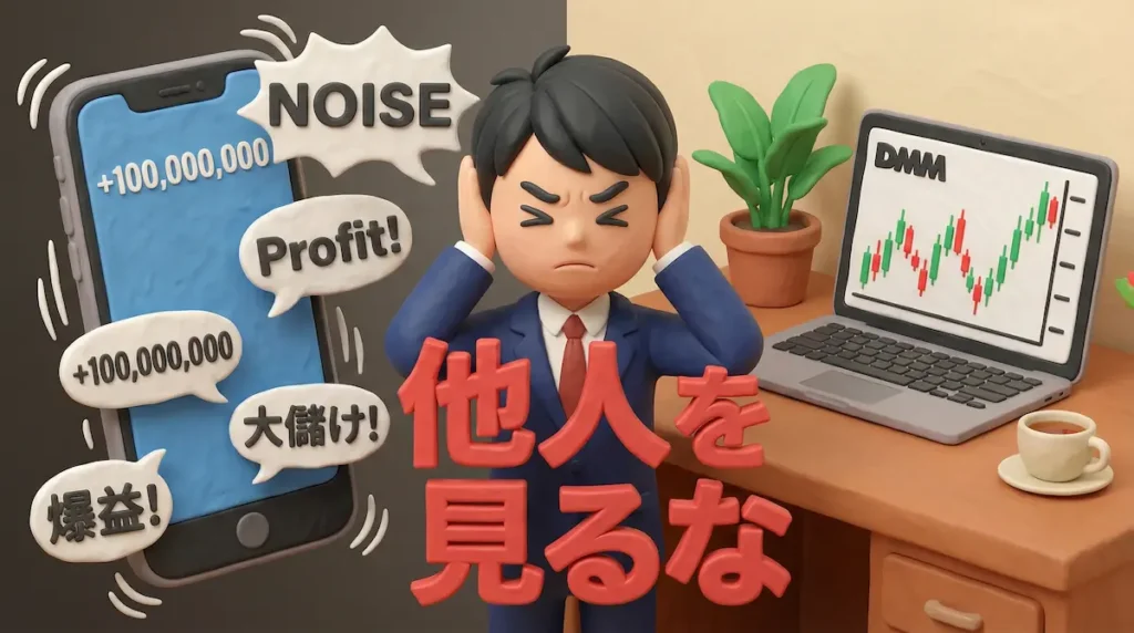 スマホの爆益報告（ノイズ）を遮断し、耳を塞いで自分のトレード環境を守るFXトレーダーのイラスト