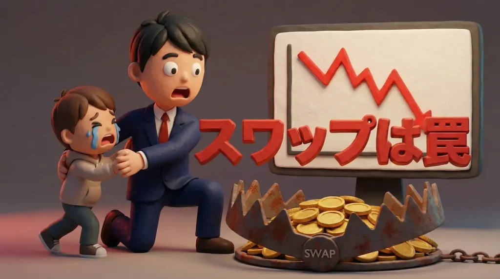 スワップポイントという罠にかかりそうな初心者を止めるトレーダーと、背景にある暴落チャートのイラスト