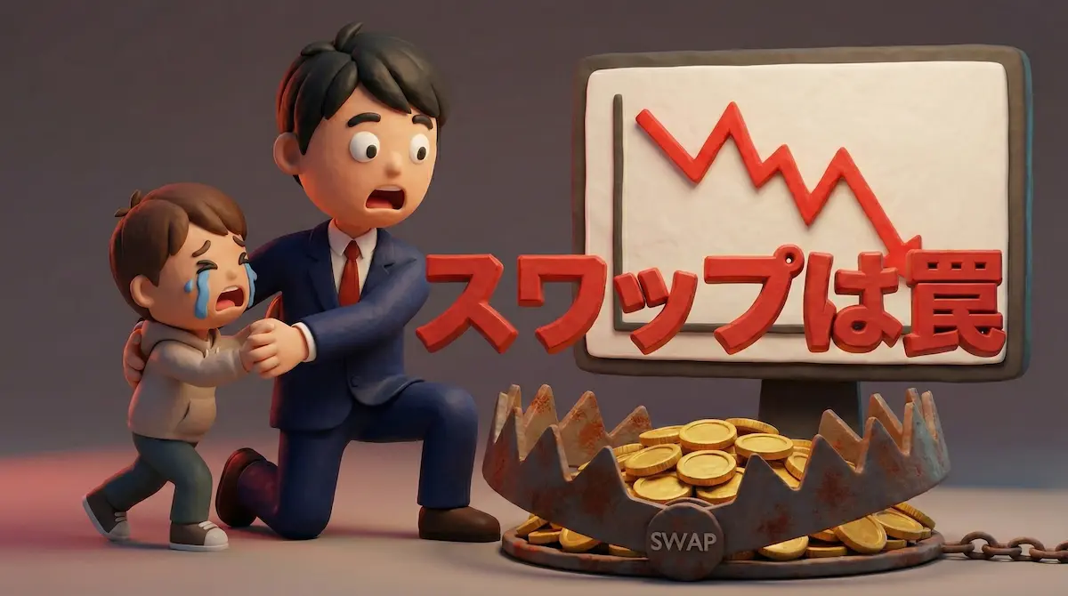 スワップポイントという罠にかかりそうな初心者を止めるトレーダーと、背景にある暴落チャートのイラスト