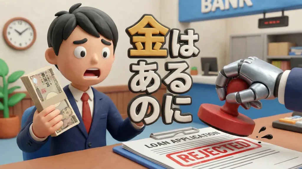 審査落ちの書類を見てショックを受けるが、手には大量の現金を持っているFXトレーダーのイラスト