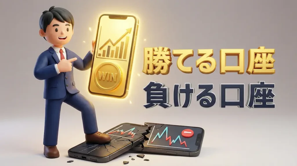 FXの勝てる口座(DMM)と負ける口座の違い、スプレッド拡大の罠を解説する日本人トレーダーの3Dイラスト