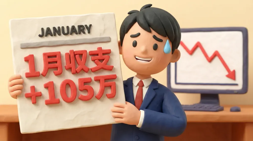 1月の収支プラス105万円のカレンダーを持ちつつ、暴走トレードを反省して冷や汗をかいているFXトレーダーのイラスト