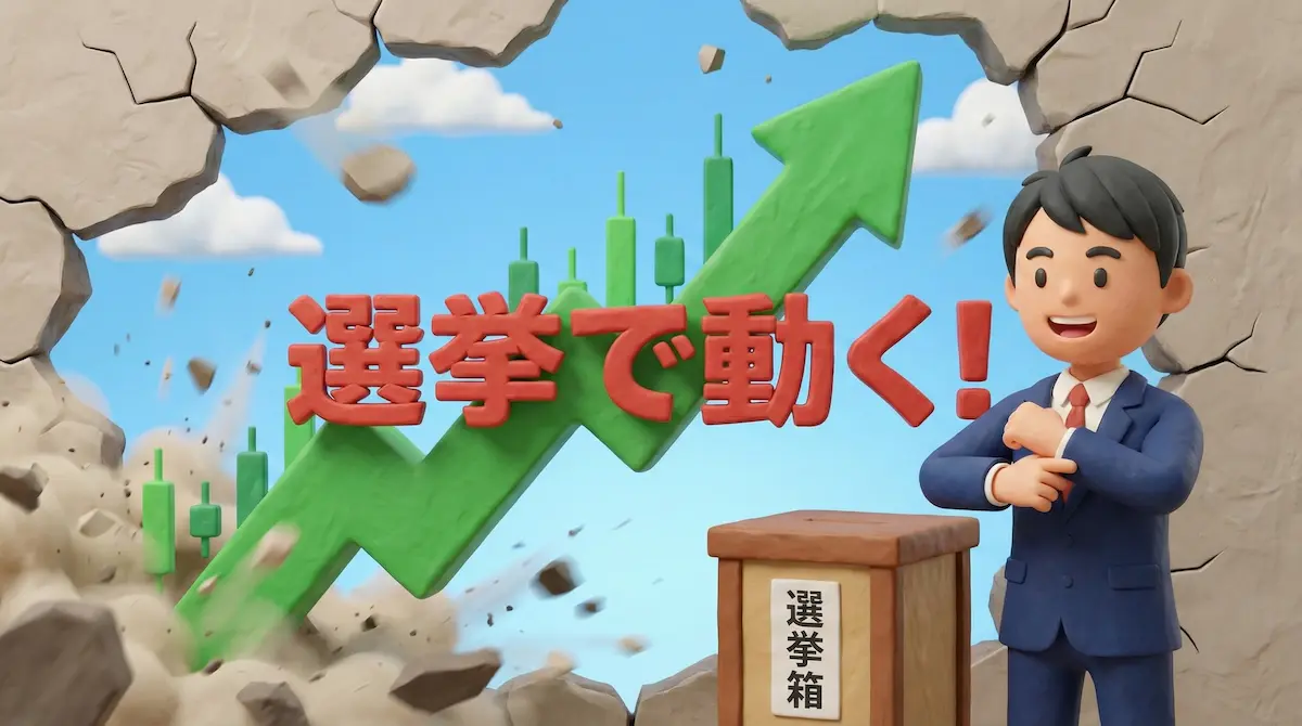 選挙の投票箱の横で、ドル円の上昇ブレイクに備えて腕まくりをするトレーダーのイラスト