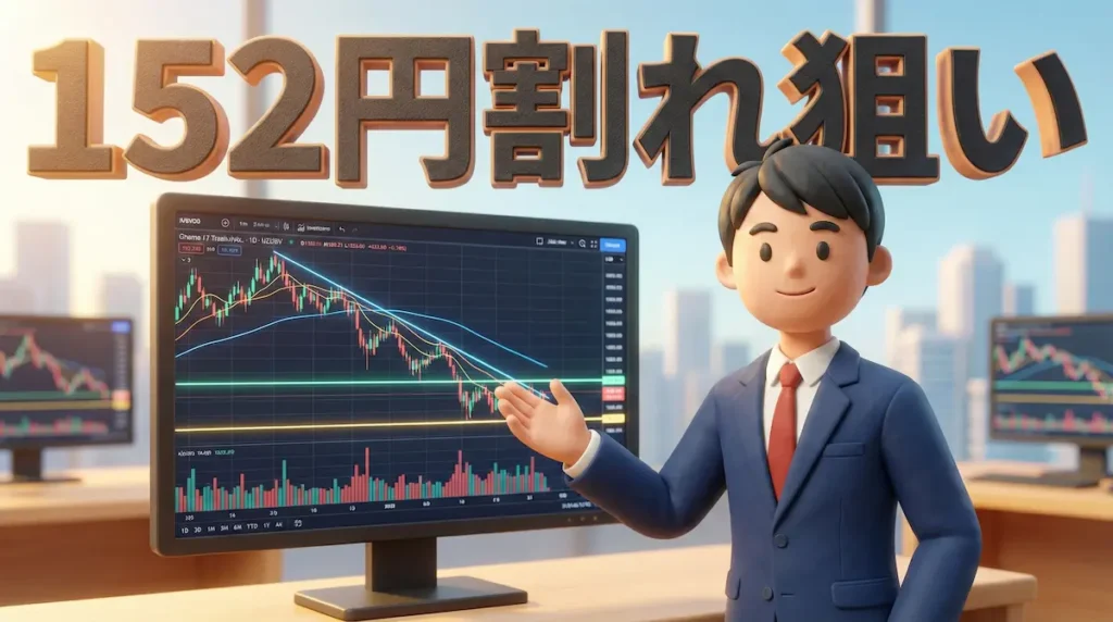 モニターのチャートに引かれた水平線を分析し、152円割れのブレイクを狙うトレーダーの3Dイラスト