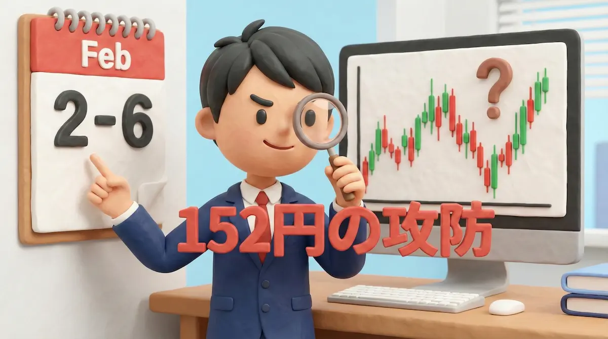 2月2日週のドル円予想。152円の攻防に注目する日本人男性トレーダーの3Dイラスト