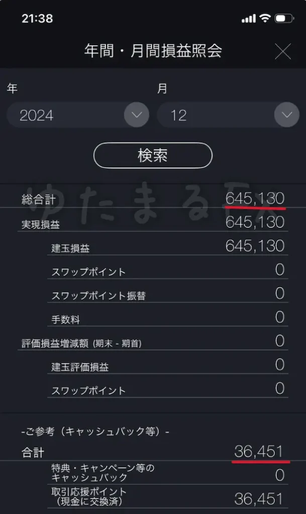 2024年12月の月間損益（＋645,130円）の証拠画像