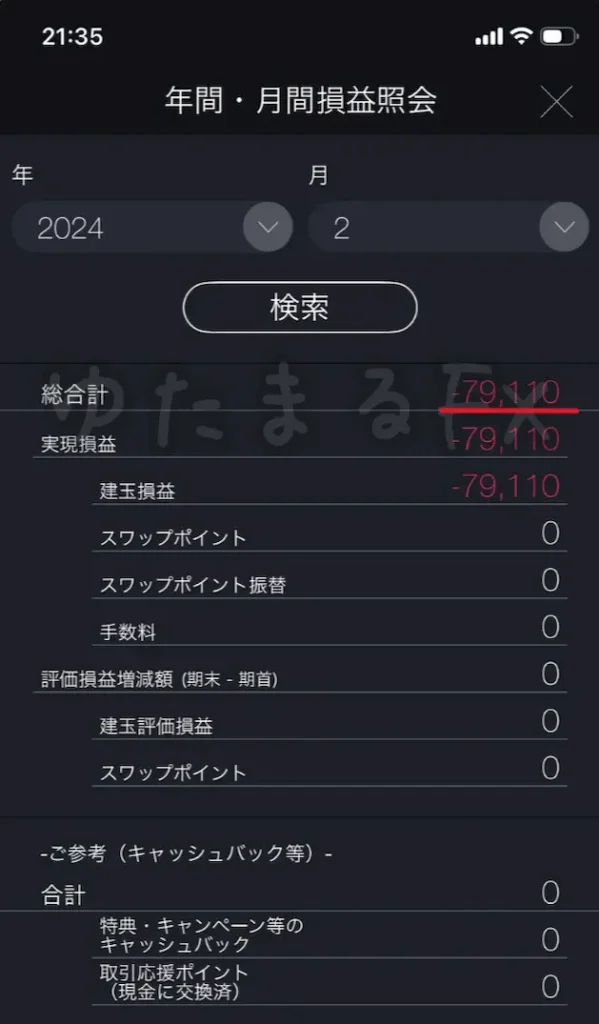 2024年2月の月間損益（マイナス79,110円）の証拠画像