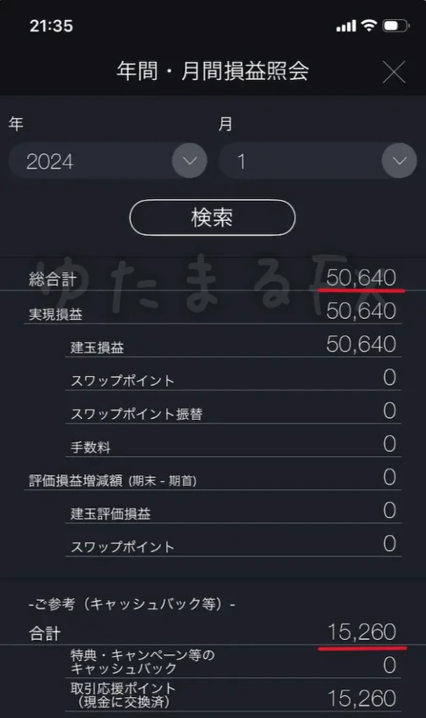 2024年1月のDMM FX月間損益（＋50,640円）の証拠画像