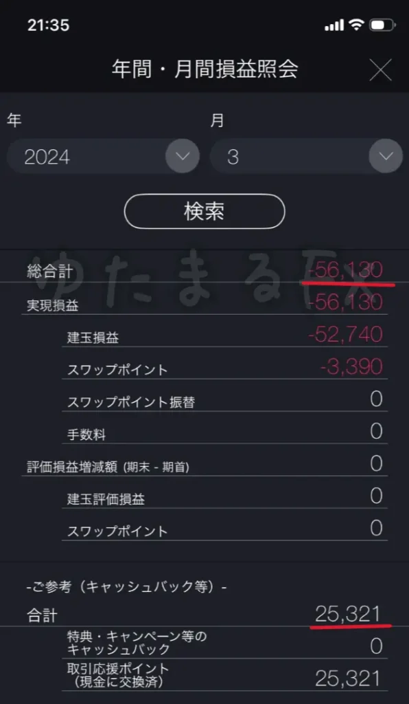 2024年3月の月間損益（マイナス56,130円）の証拠画像