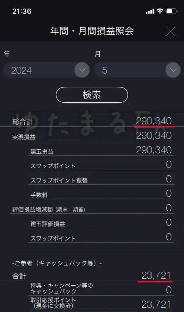 2024年5月の月間損益（＋290,340円）の証拠画像