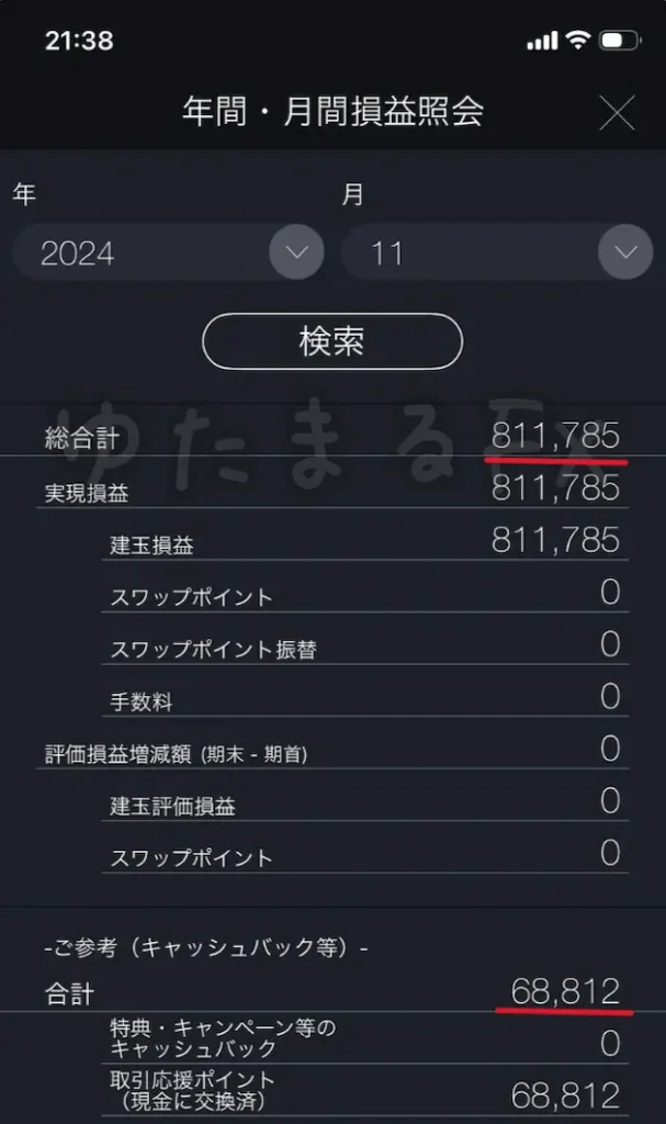 2024年11月の月間損益（＋811,785円）の証拠画像