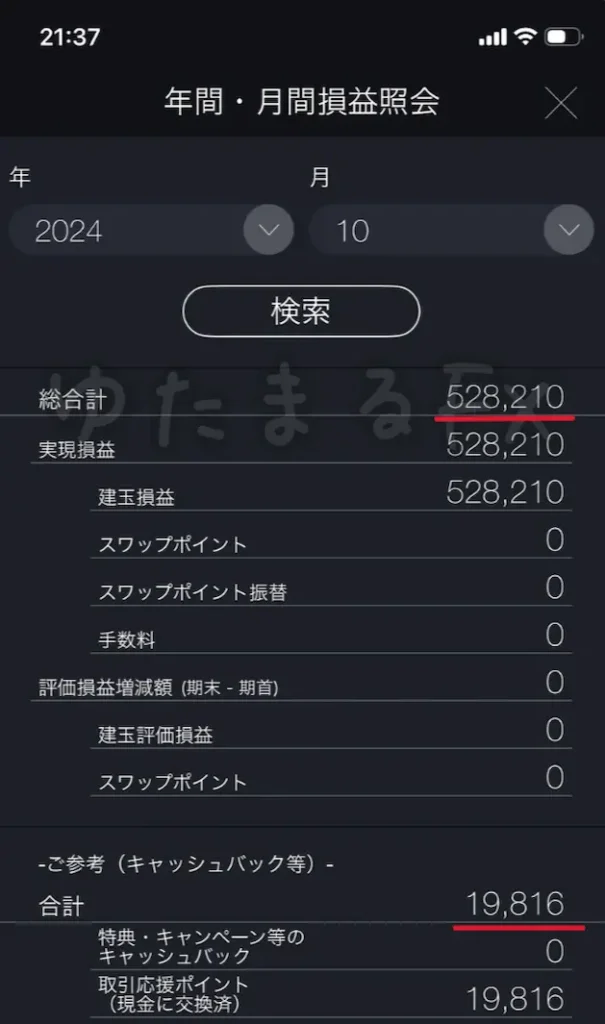 2024年10月の月間損益（＋528,210円）の証拠画像