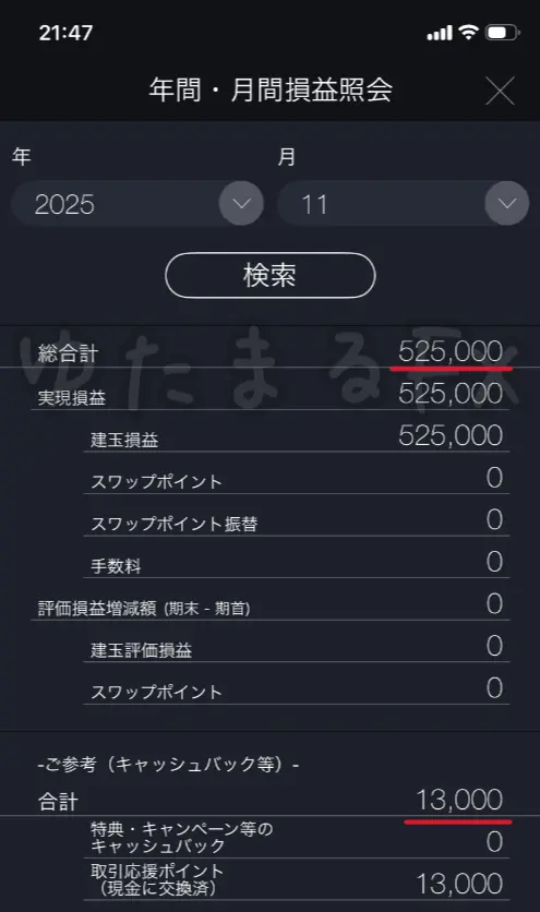 2025年11月のDMM FX月間損益の証拠画像