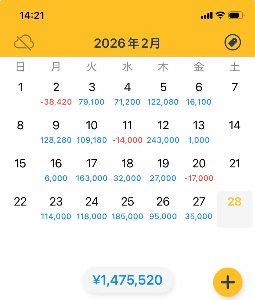 2026年2月の秒スキャルピングの収支カレンダー画像（+1,475,520円）