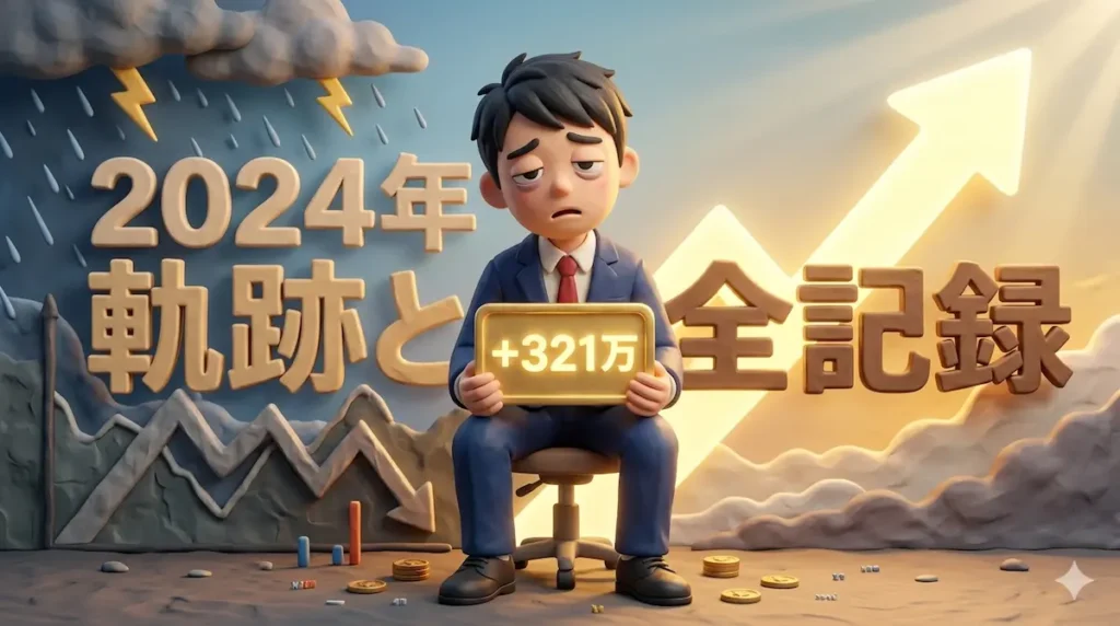 ボロボロになりながらも+321万のプラカードを掲げ、苦労の末に結果を出したトレーダーゆたまるの3Dイラスト