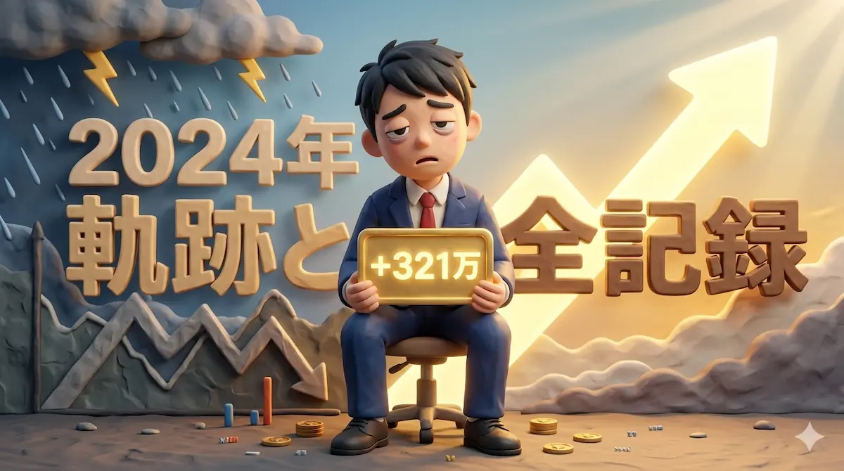 ボロボロになりながらも+321万のプラカードを掲げ、苦労の末に結果を出したトレーダーゆたまるの3Dイラスト