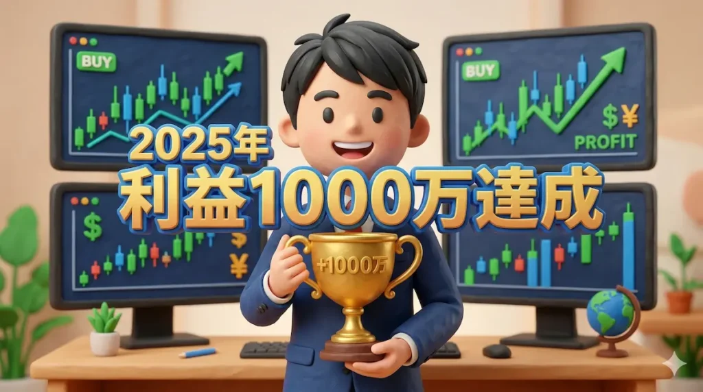 輝く1000万のトロフィーを抱え、4画面のチャートモニターの前に立つトレーダーゆたまるの3Dイラスト