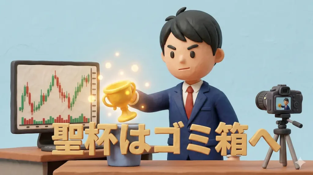 光り輝く黄金の聖杯をゴミ箱に捨てる決意をしたトレーダーゆたまるの3Dイラスト