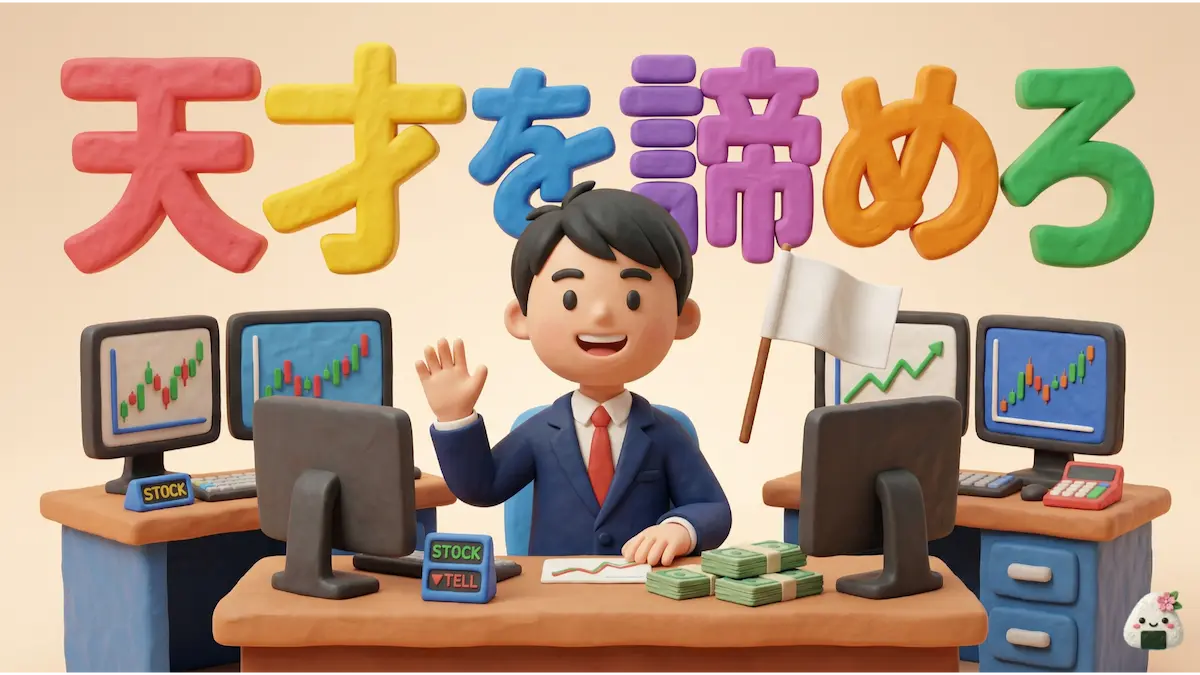 白旗を振って天才になることを諦めた笑顔のトレーダーゆたまるの3Dイラスト