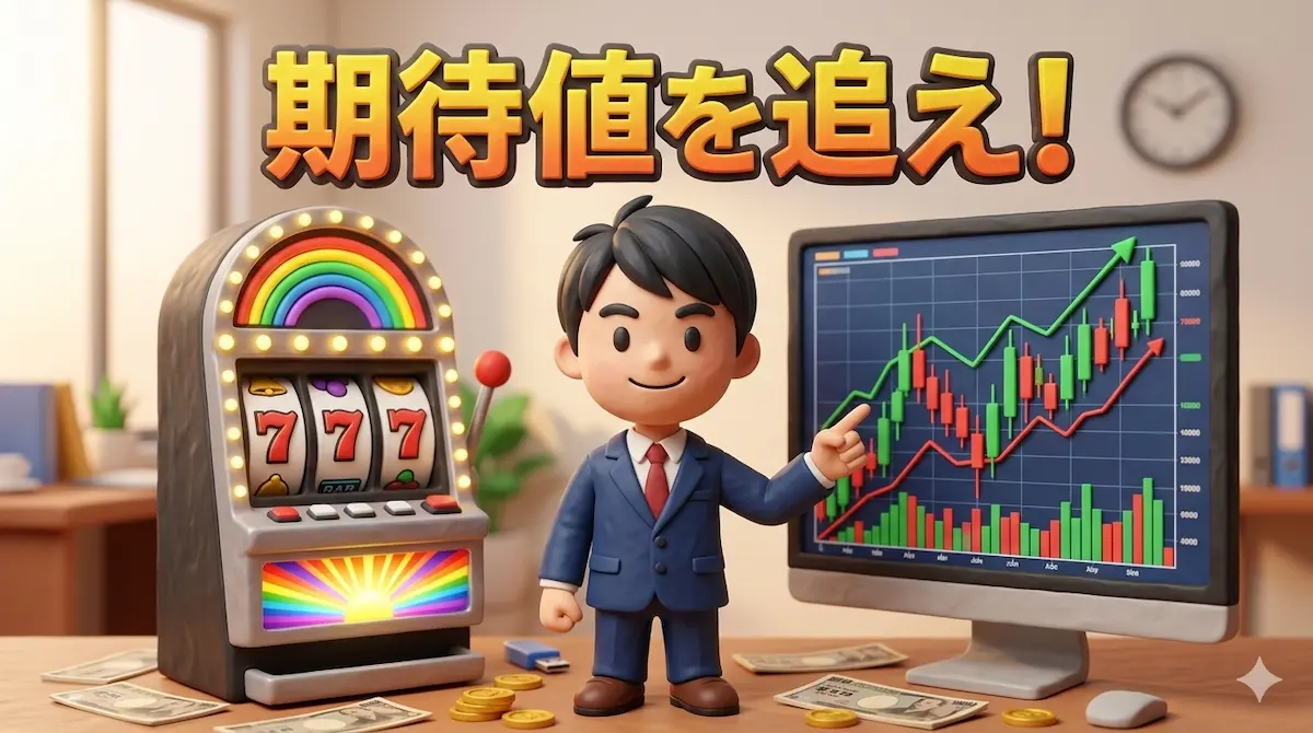 スロット台とFXのチャートモニターの間に立ち、チャートを指差すトレーダーゆたまるの3Dイラスト