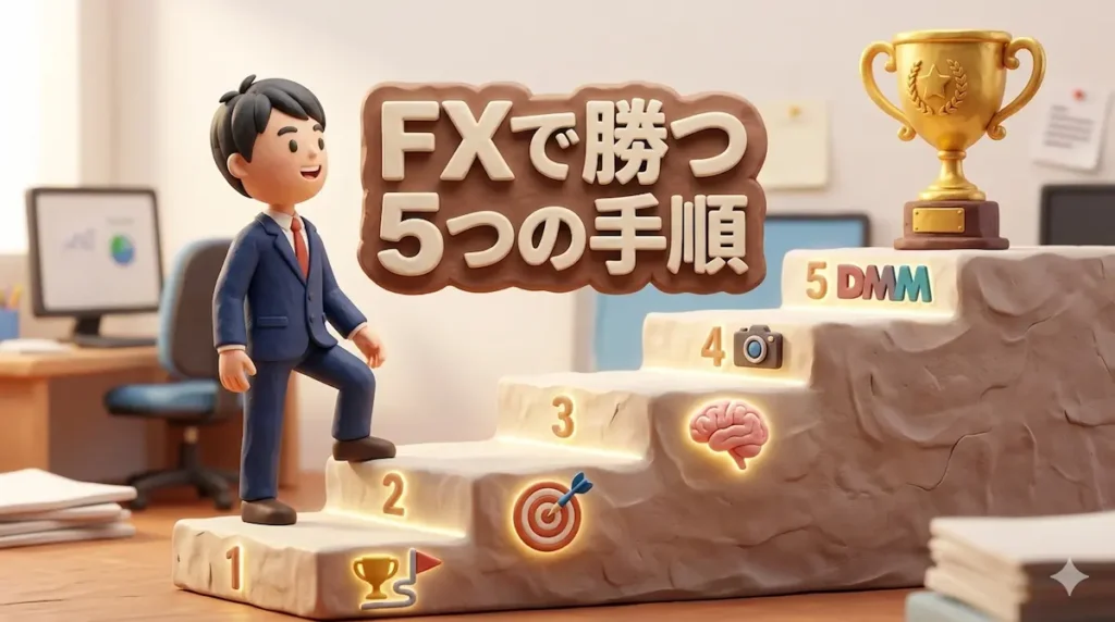 光り輝く5つの階段を登り、トロフィーを目指すトレーダーゆたまるの3Dイラスト