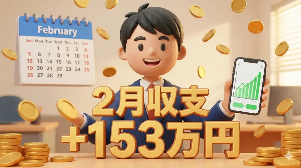 2月のカレンダーを背景にスマホのプラス収支を見せて微笑むトレーダーゆたまるの3Dイラスト