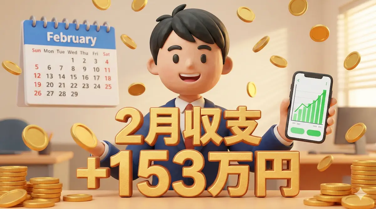 2月のカレンダーを背景にスマホのプラス収支を見せて微笑むトレーダーゆたまるの3Dイラスト
