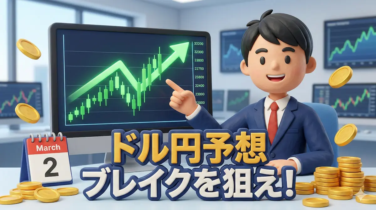 モニターのチャートのブレイクアウトを指差すトレーダーゆたまるの3Dイラスト