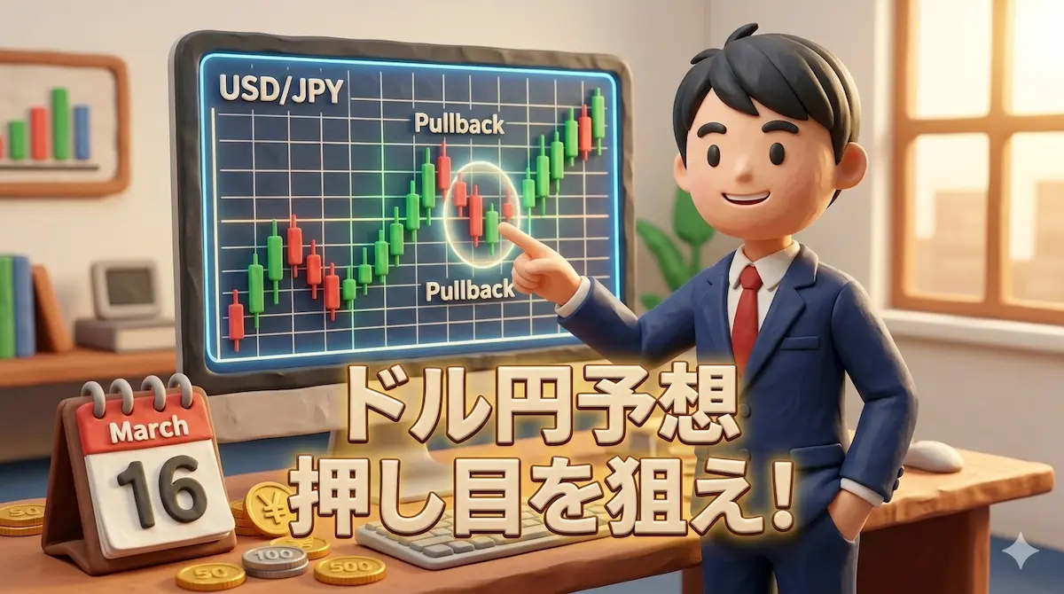 上昇トレンドの押し目チャートを指差すトレーダーゆたまるの3Dイラスト