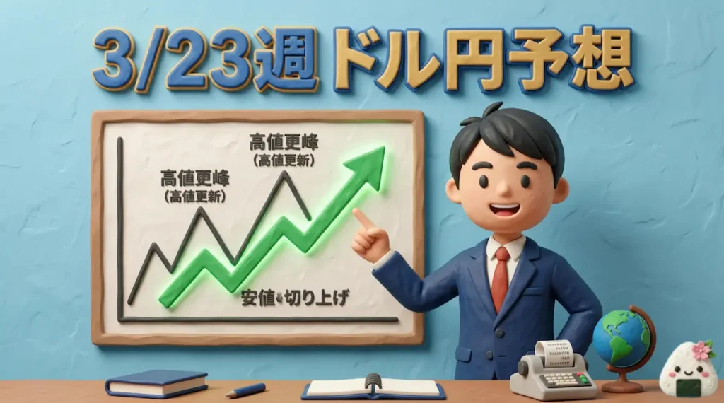 ダウ理論の上昇トレンドを示すチャートを指差すトレーダーゆたまるの3Dイラスト