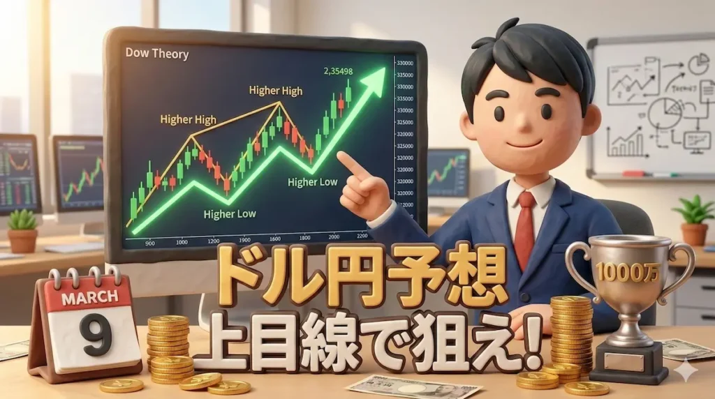 上昇トレンドのチャートを指差し、1000万円達成のトロフィーの横で微笑むトレーダーゆたまるの3Dイラスト