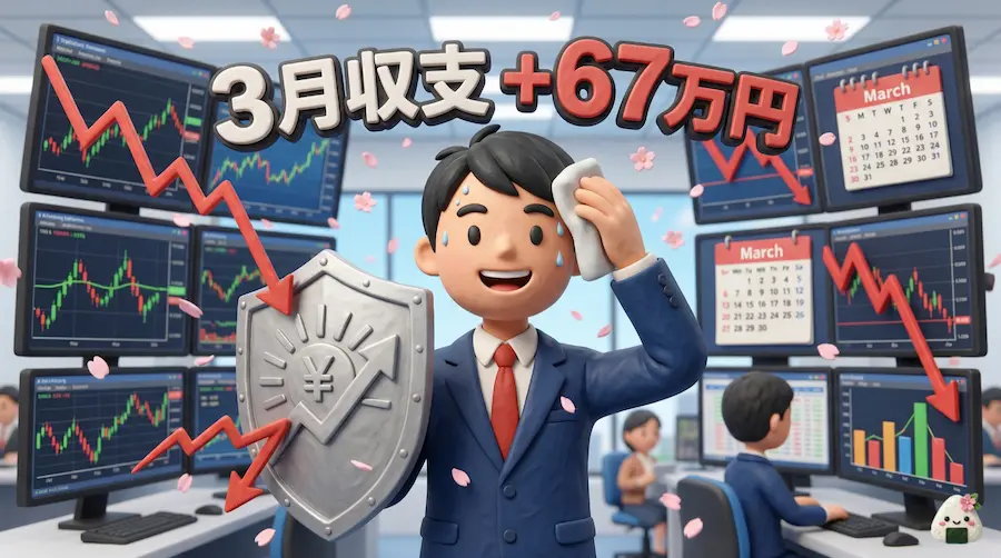 チャートの前で安堵の表情を浮かべながら盾を構えるトレーダーゆたまるの3Dイラストと「3月収支＋67万円」のデカ文字