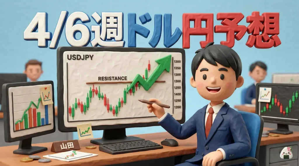 4時間足のチャートを分析するトレーダーゆたまるの3Dイラスト