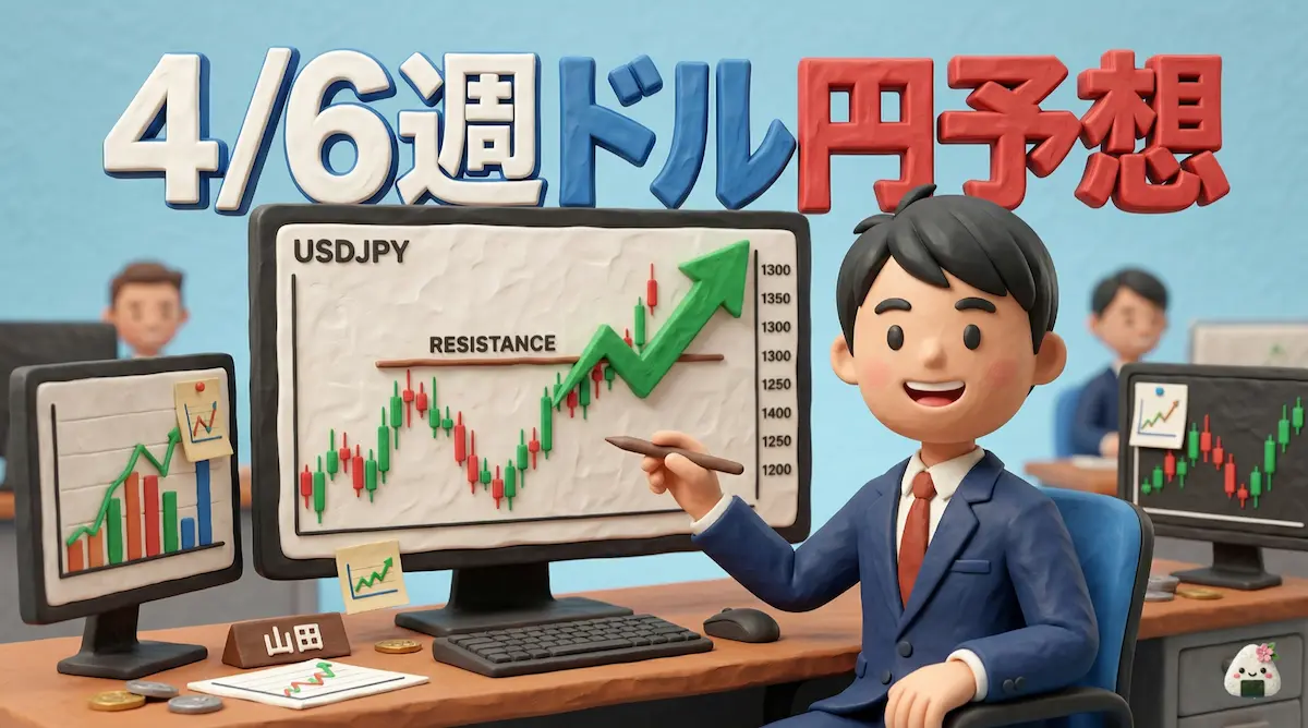 4時間足のチャートを分析するトレーダーゆたまるの3Dイラスト