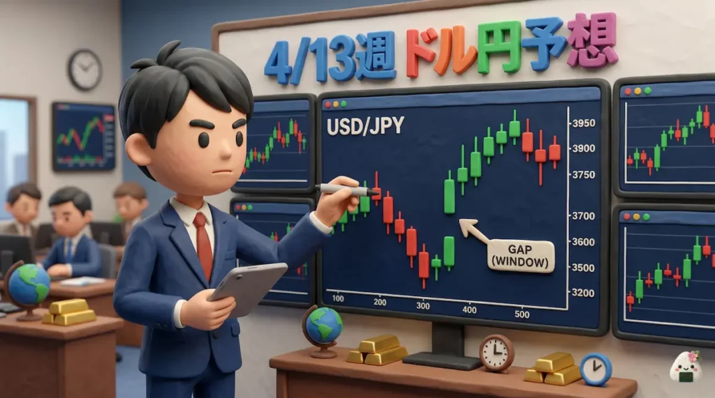 上に窓を開けたチャートの前で戦略を練るトレーダーゆたまるの3Dイラスト