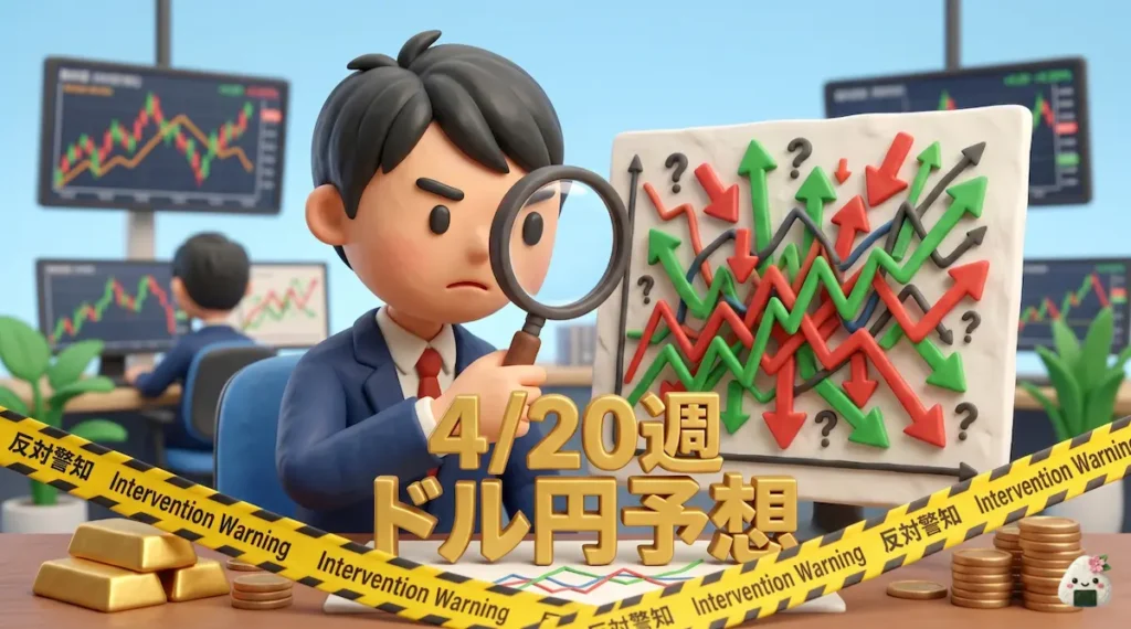 上下の矢印が入り乱れる難しいチャートを虫眼鏡で分析するトレーダーゆたまるの3Dイラスト