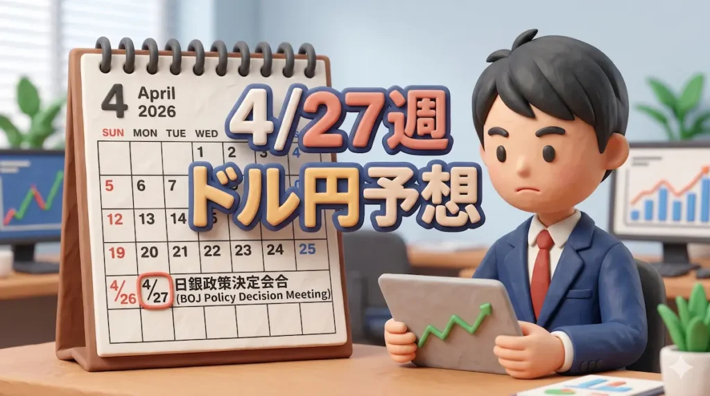 日銀会合を控えた動きのないチャートを渋い表情で見つめるトレーダーゆたまるの3Dイラスト