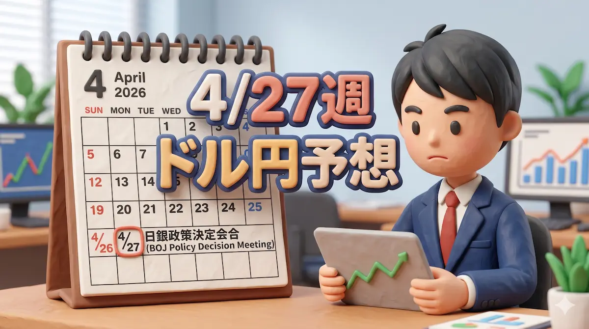 日銀会合を控えた動きのないチャートを渋い表情で見つめるトレーダーゆたまるの3Dイラスト