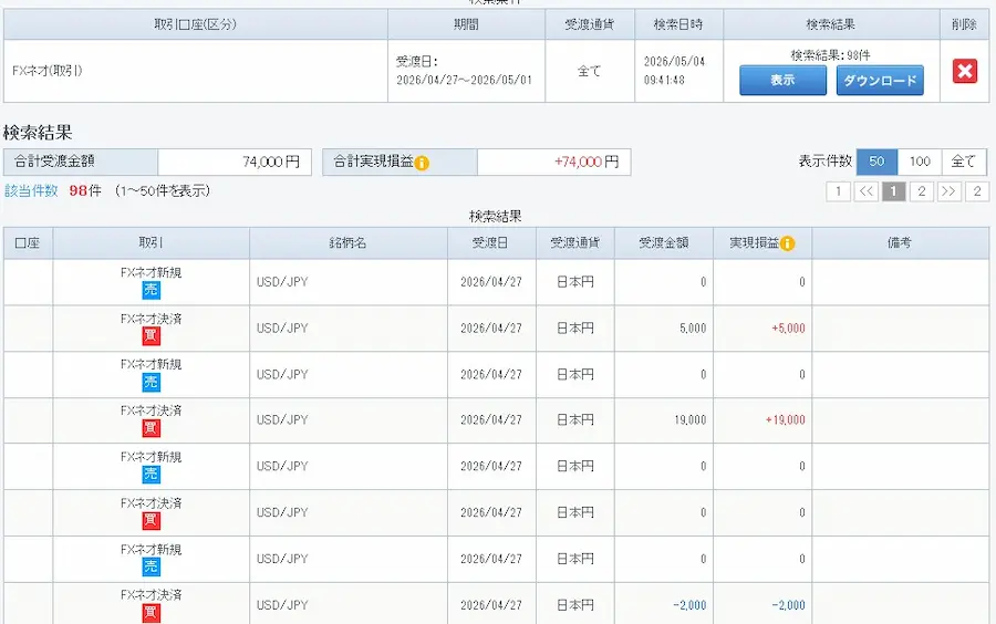 GMOクリック証券の精算表画面。プラス収支が記載されている本物の証拠画像