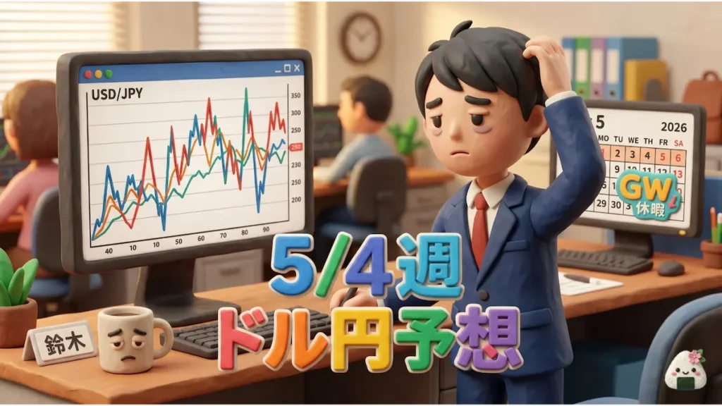乱高下するチャートの前で少し疲れた表情で頭をかくトレーダーゆたまるの3Dイラス