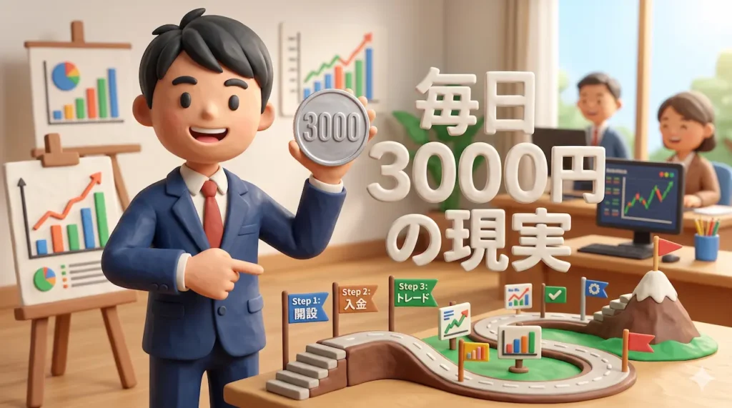 FXで毎日3000円稼ぐ現実的なロードマップを解説するトレーダーゆたまるの3Dイラスト