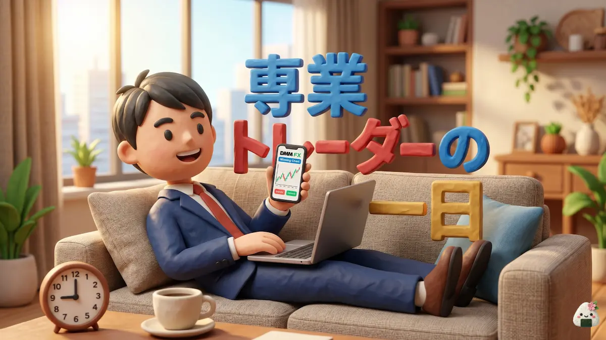 ソファでリラックスしながらスマホとパソコンでFXトレードをするゆたまるの3Dイラスト