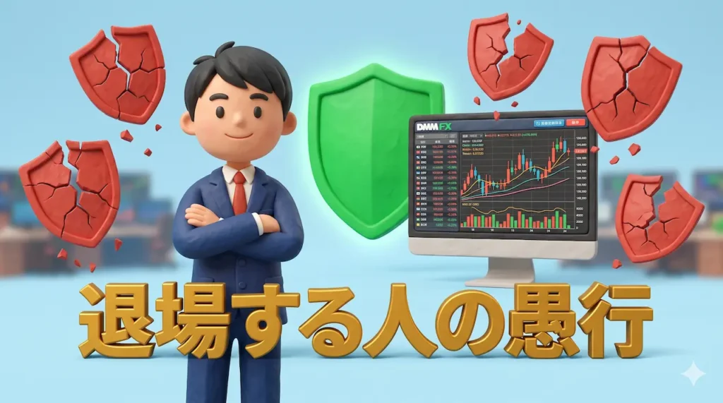 壊れた赤いシールドに囲まれながらも、安全な国内口座の盾を持って毅然と立つトレーダーゆたまるの3Dイラスト