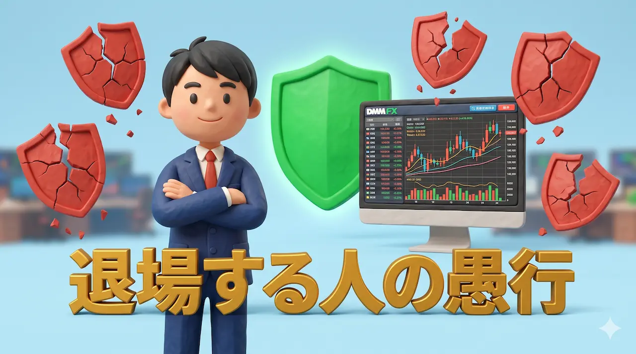 壊れた赤いシールドに囲まれながらも、安全な国内口座の盾を持って毅然と立つトレーダーゆたまるの3Dイラスト