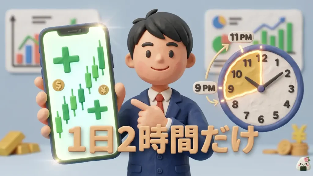 夜の2時間だけスマホでFXトレードをするゆたまるの3Dイラスト