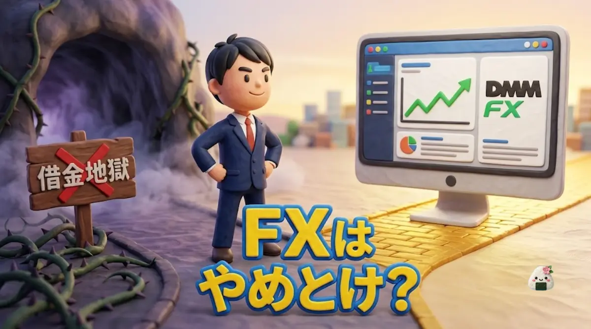 借金地獄の道を避け、安全なFXの道を指し示すトレーダーゆたまるの3Dイラスト